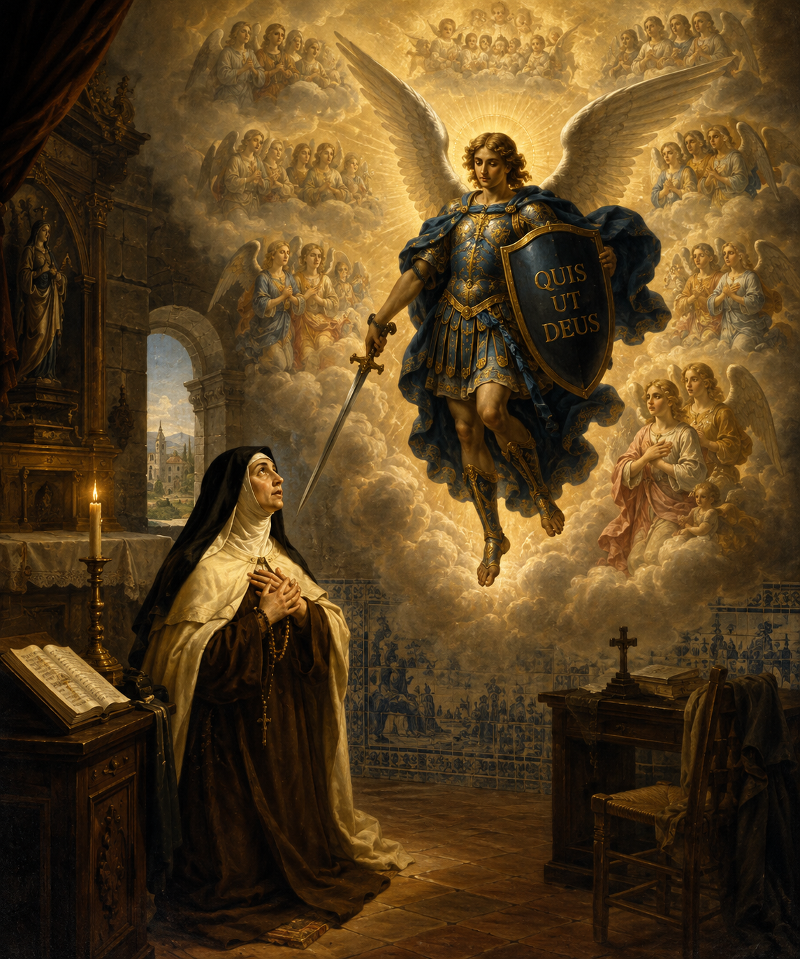 Representação devocional da tradição sobre a origem da Coroa de São Miguel Arcanjo